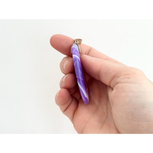 Purple Agate Sliced Smooth Crystal Freeform Silver T Teardrop Vintage Pendant - Picture 4 of 10